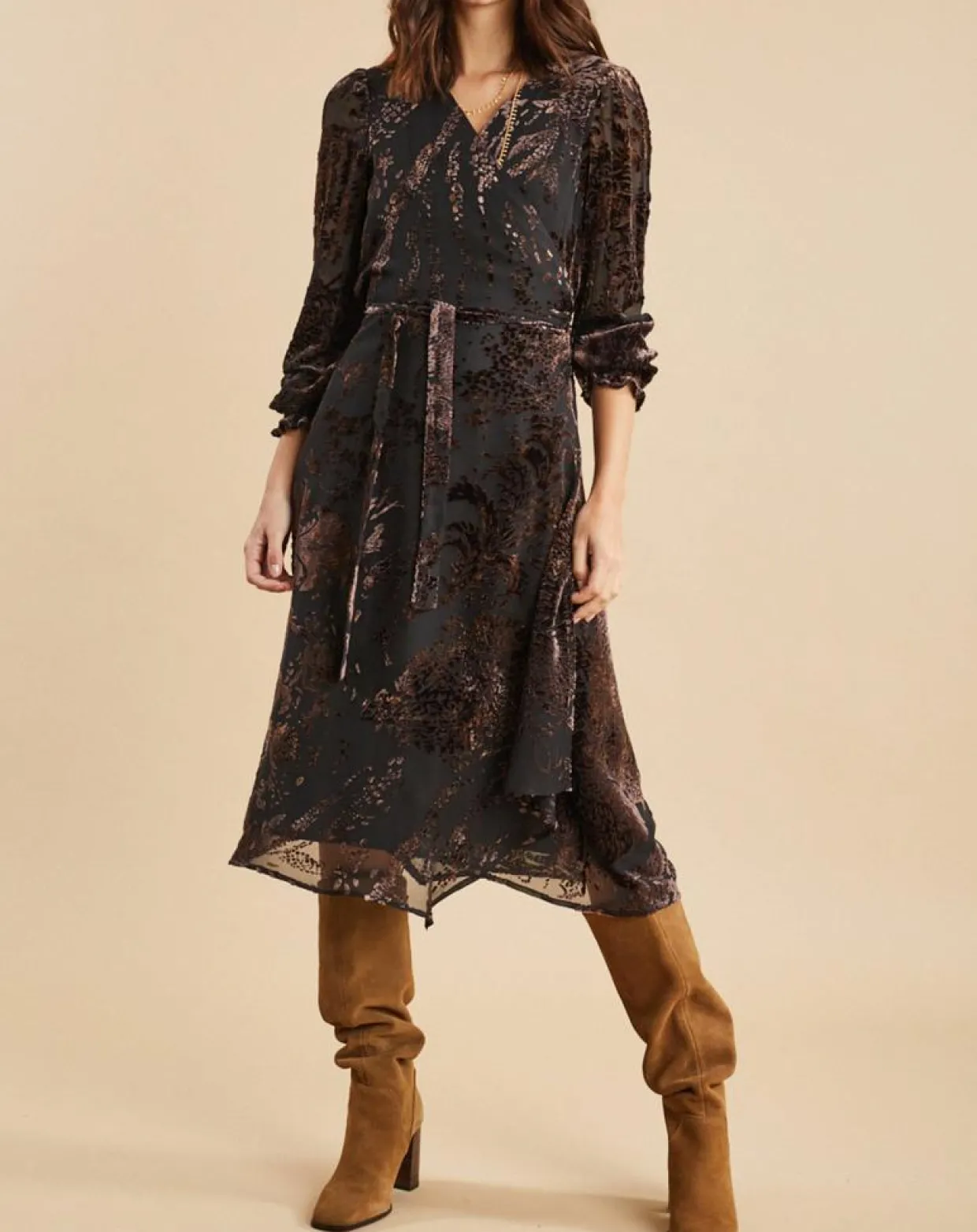 Femme Lauren Vidal Robes^Robe en Soie mélangée Opium motifs velours prune