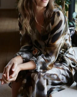 Robe en voile Moon imprimée fumée marron-Lauren Vidal Online