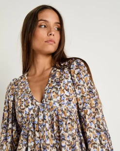 Robe Esmée satinée imprimée beige/bleu-See u Soon Sale