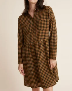Femme Cyrillus Robes^Robe Etamine Laine mélangée à carreaux vert moyen/camel