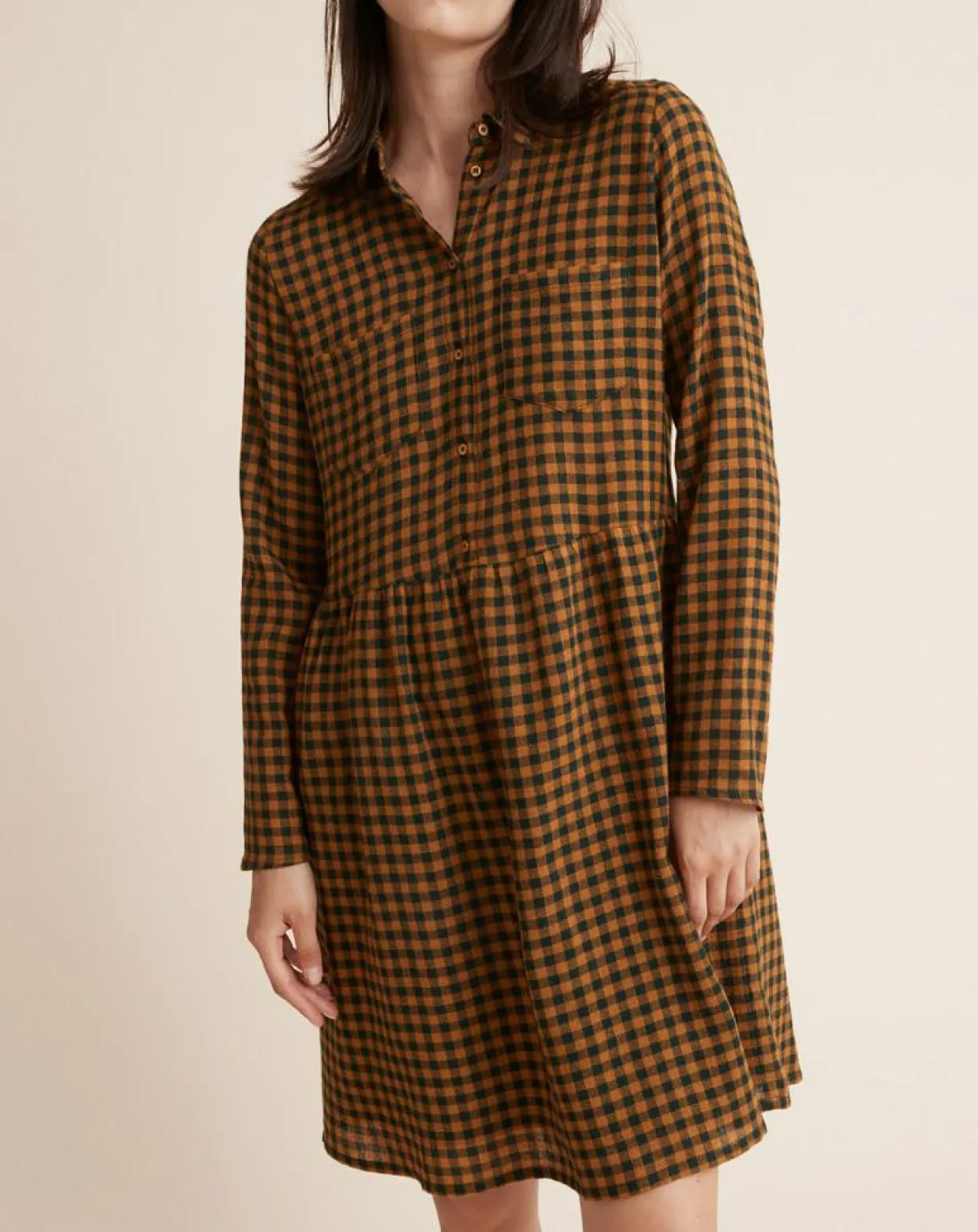 Femme Cyrillus Robes^Robe Etamine Laine mélangée à carreaux vert moyen/camel