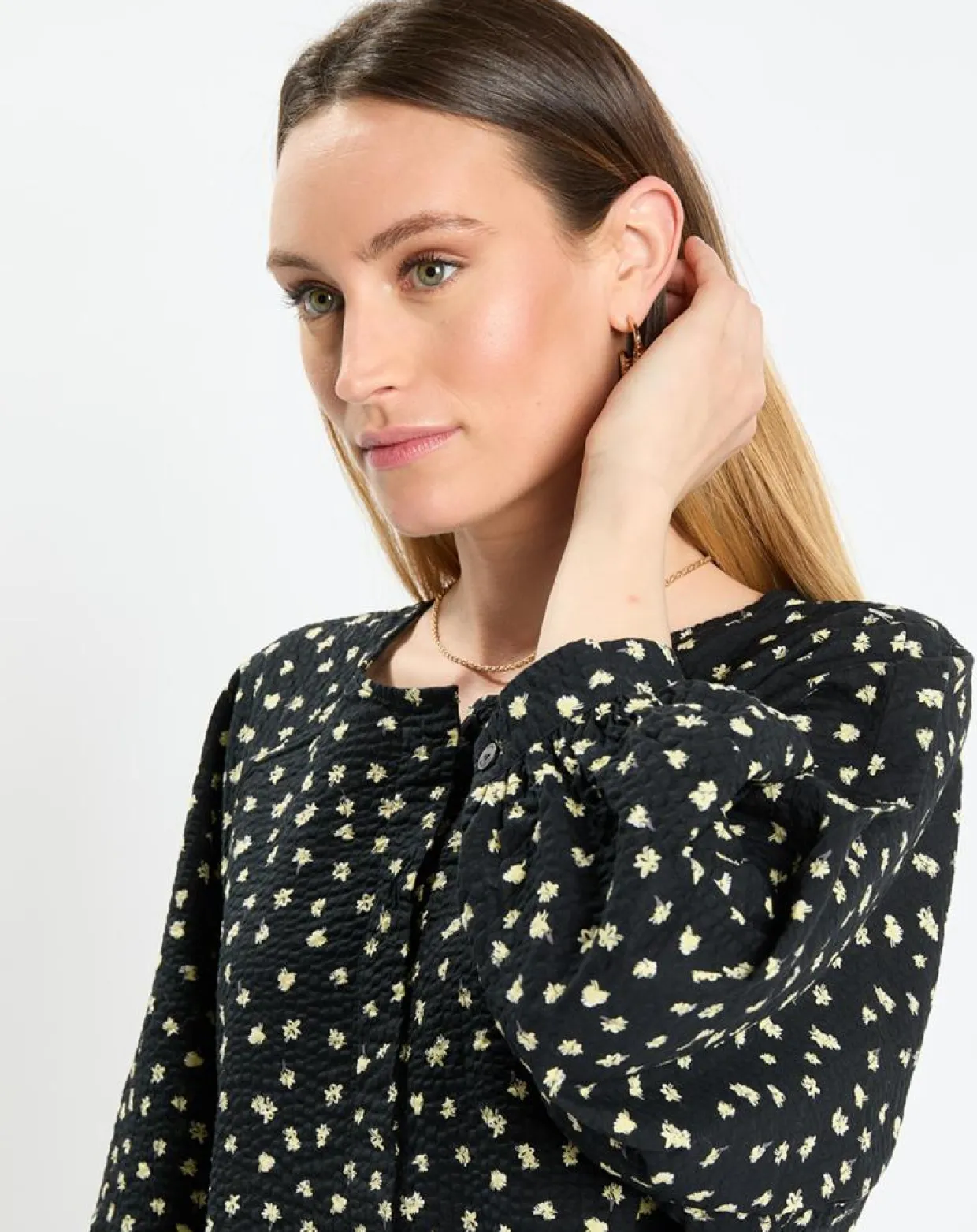 Robe manches ballons imprimée fleurs noire-Marc O'Polo Outlet