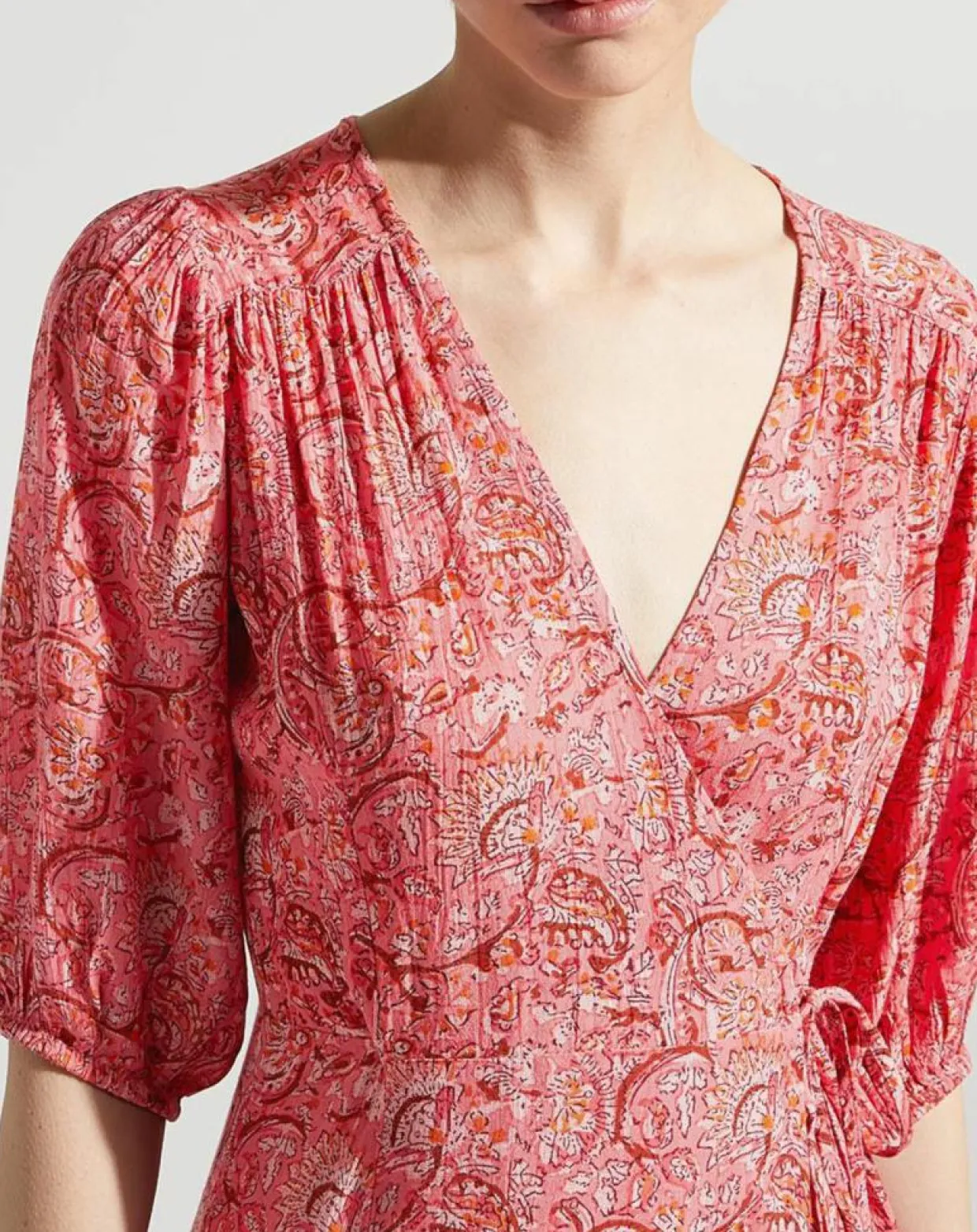 Femme Garance Paris Robes^Robe midi portefeuille Nacre imprimée rose