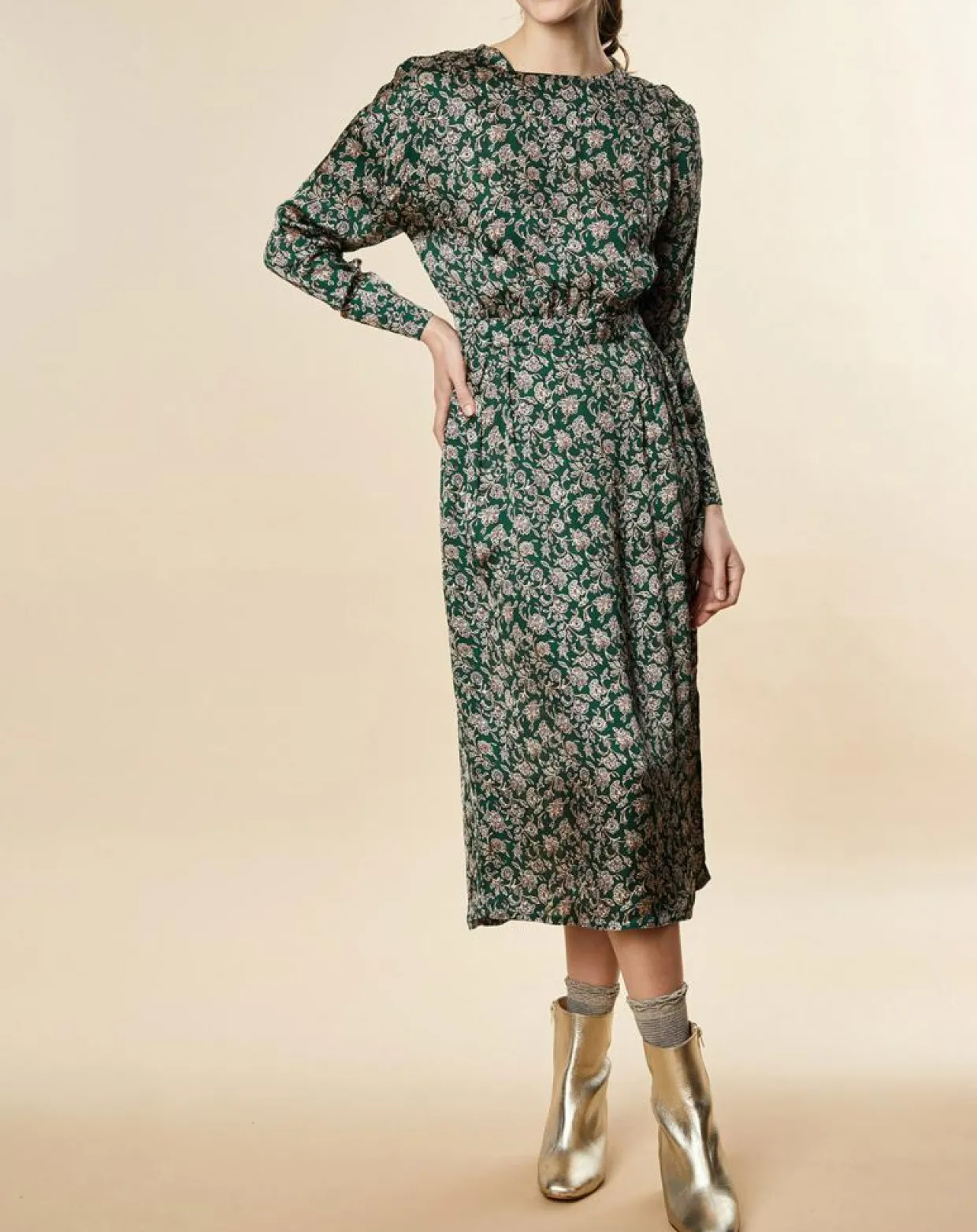 Robe Natasha mi-longue et fluide imprimée verte-Chloé Stora Outlet
