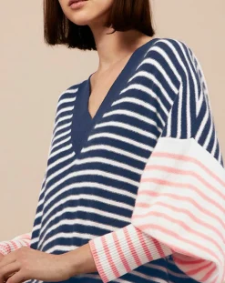 Robe pull marinière 100% Cachemire Fabia col V rayures marine/écru/rose-Galeries Lafayette