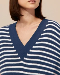 Robe pull marinière 100% Cachemire Fabia col V rayures marine/écru/rose-Galeries Lafayette
