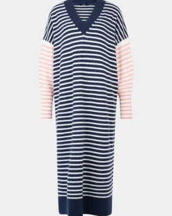 Robe pull marinière 100% Cachemire Fabia col V rayures marine/écru/rose-Galeries Lafayette