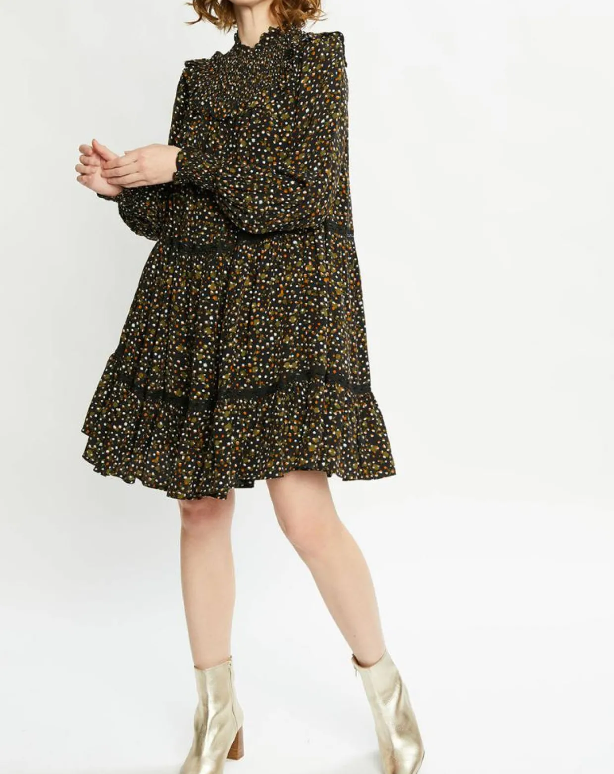 Robe évasée col smockée imprimé floral multicolore-Scotch & Soda New