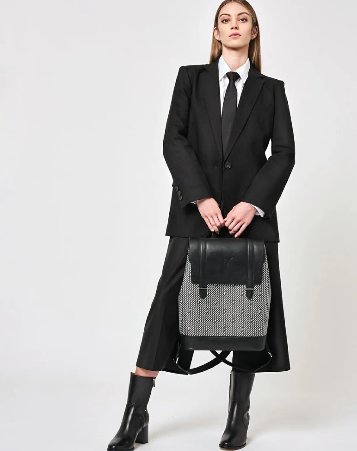 Sac à dos en Toile enduite & Cuir Ferret noir/blanc - 40x29x13 cm-Maison Faret