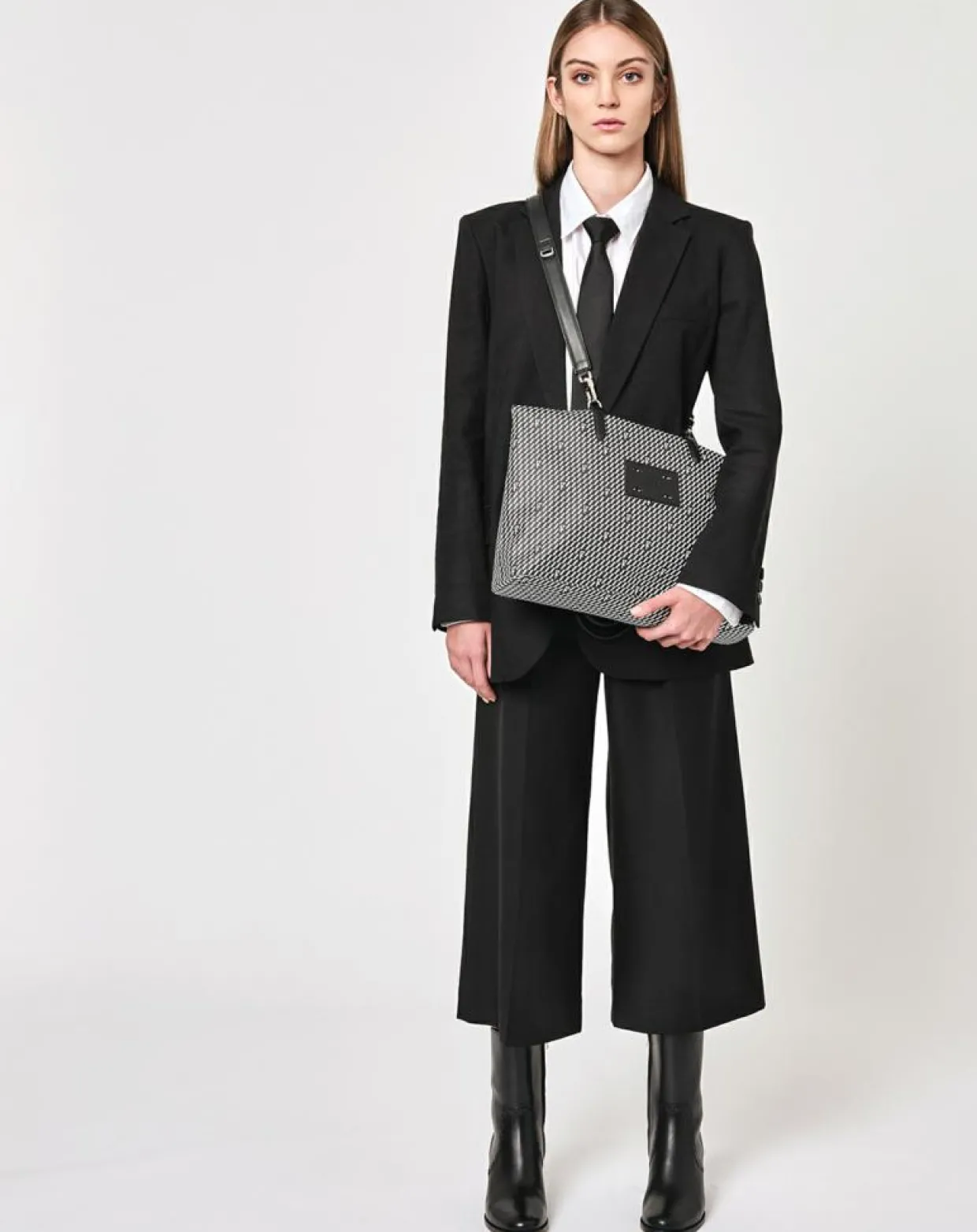 Sac en Toile enduite & Cuir Faret noir/blanc - 38x36x8.5 cm-Maison Faret Clearance