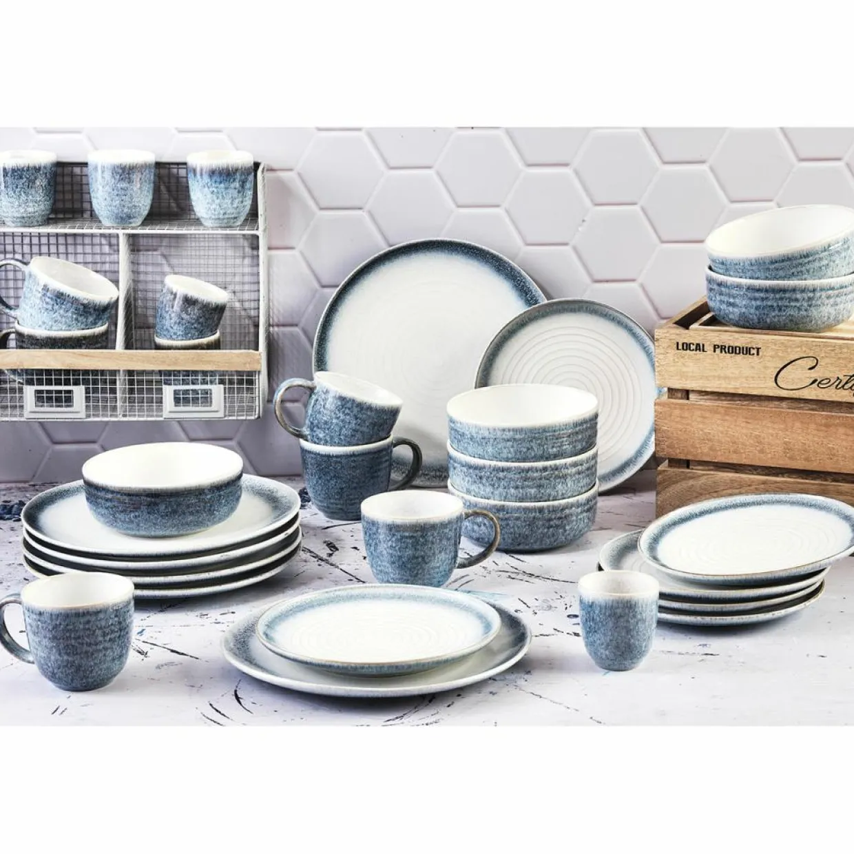 Bjorn Assiettes^Service Complet Cosmos bleu/blanc nacré - 30 pièces