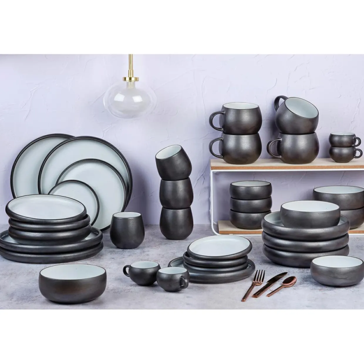 Service Complet en Grès Gourmet blanc granité/noir onyx - 36 pièces-Bjorn Outlet