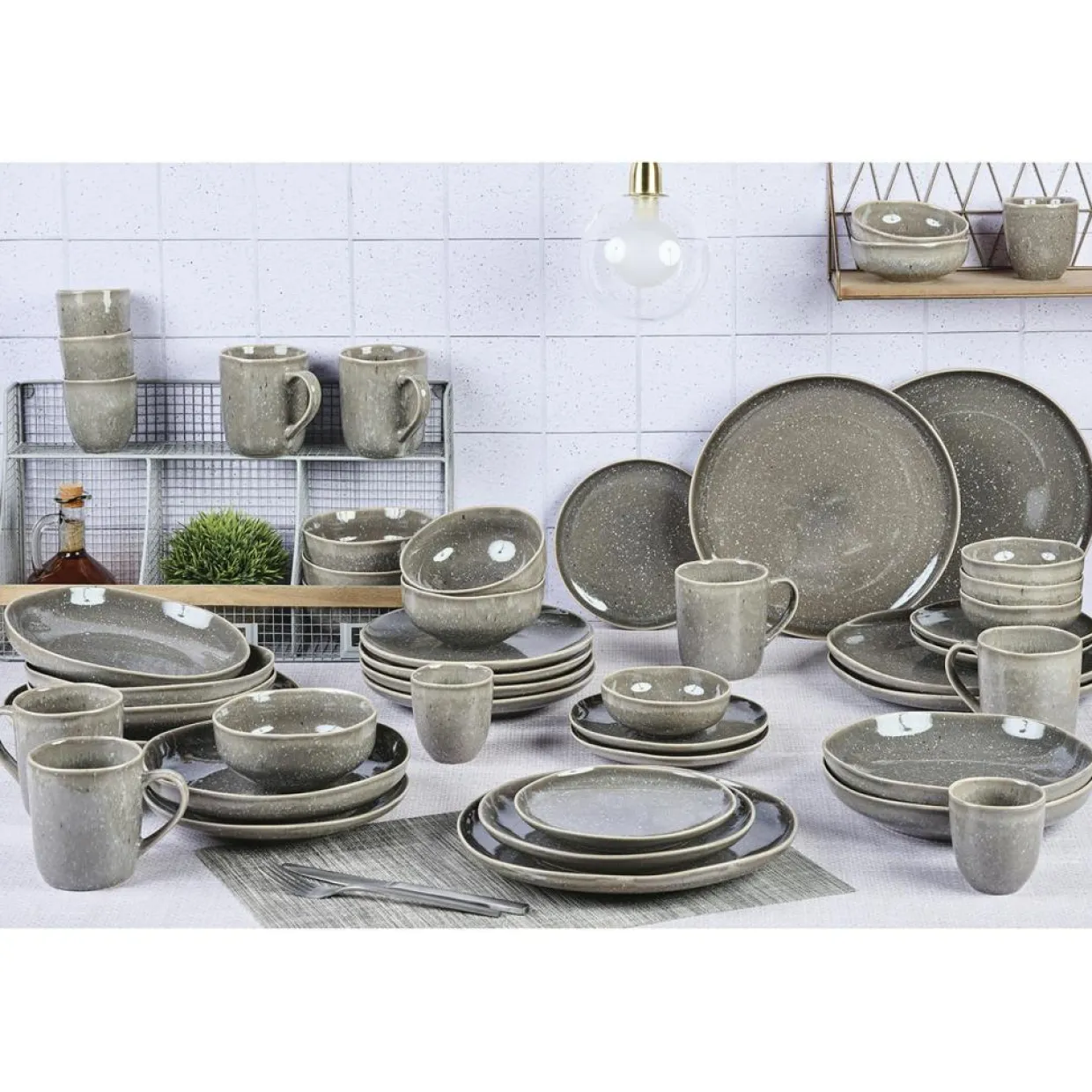 Bjorn Assiettes^Service Complet en Grès Stellar gris/anthracite - 48 pièces
