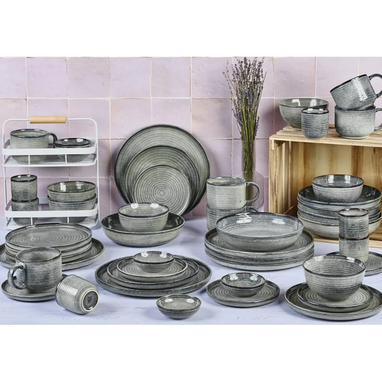 Service Complet en Grès Zen gris/bleu - 48 pièces-Bjorn Discount