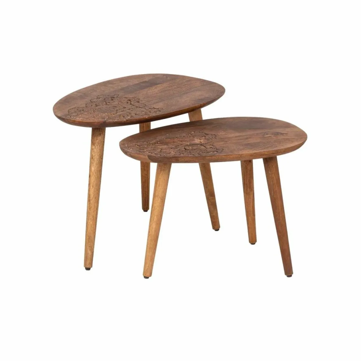 Bois & Chiffons Tables^Set 2 tables d'appoint plateau sculpté bois massif Acacia Adir Marron - 58x40x46 cm