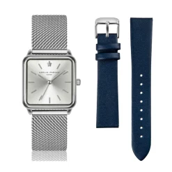 Set Montre Femme 2 Bracelets Plaza en Acier & Cuir argenté/bleu foncé-Amelia Parker Discount