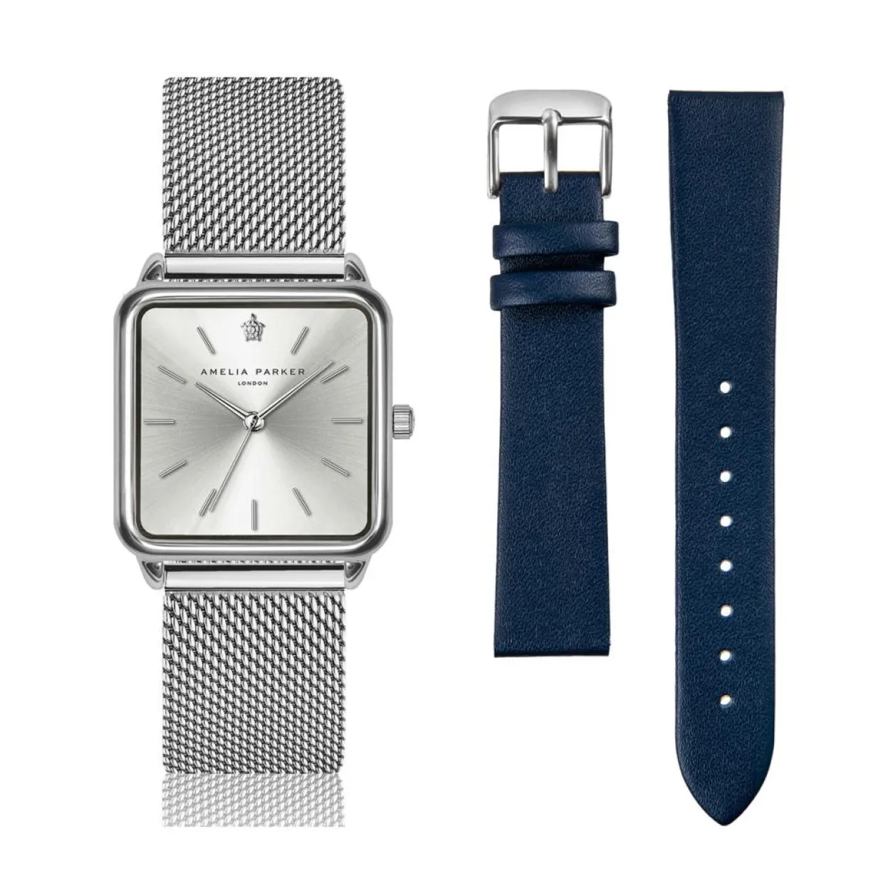 Set Montre Femme 2 Bracelets Plaza en Acier & Cuir argenté/bleu foncé-Amelia Parker Discount