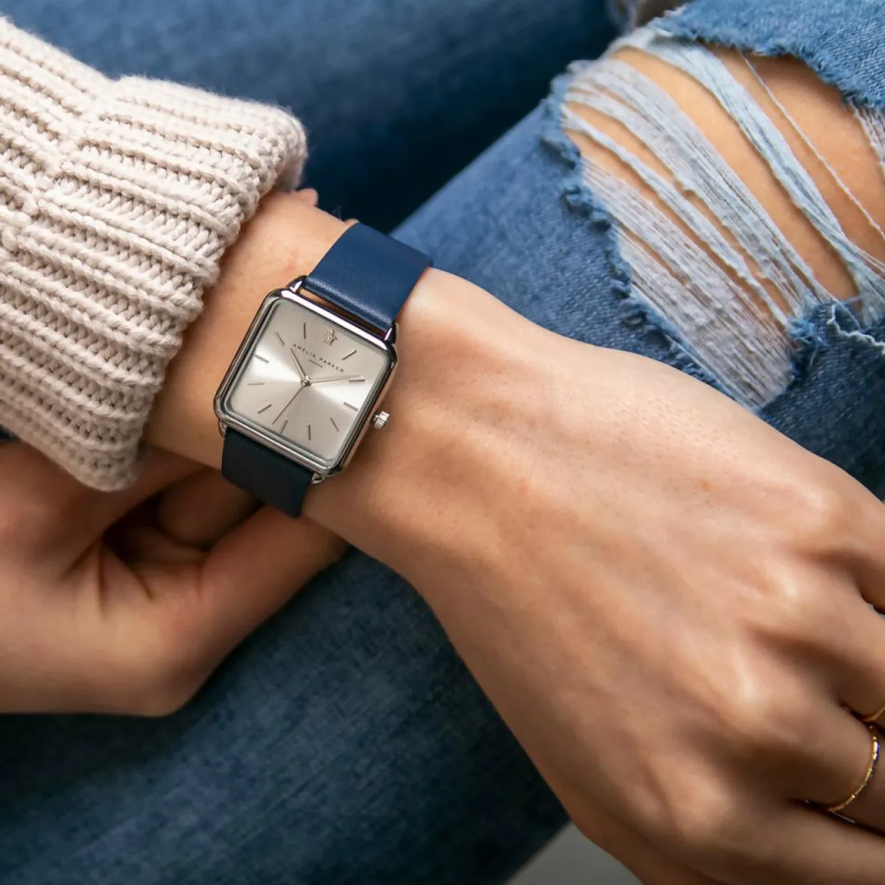 Set Montre Femme 2 Bracelets Plaza en Acier & Cuir argenté/bleu foncé-Amelia Parker Discount