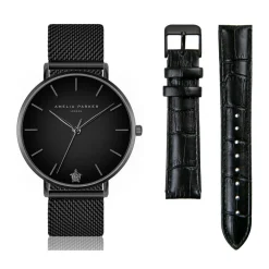Set Montre Femme 2 Bracelets Jet Black en Acier & Cuir noir-Amelia Parker New