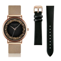 Femme Amelia Parker Montres^Set Montre Femme 2 Bracelets Coral en Acier & Cuir rose doré/noir