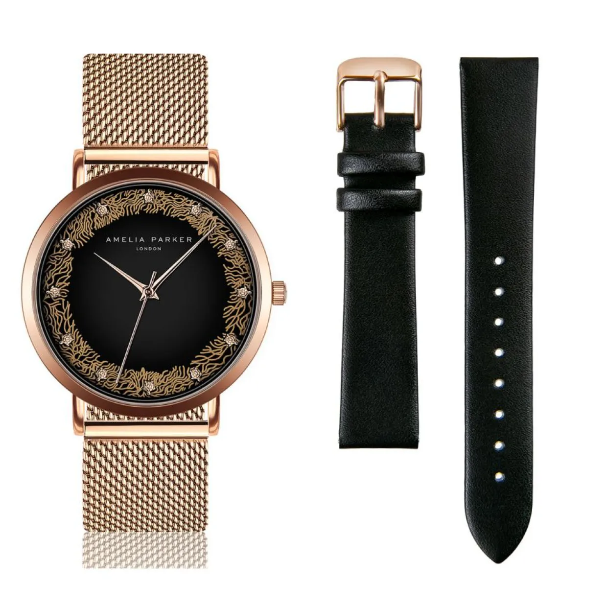 Femme Amelia Parker Montres^Set Montre Femme 2 Bracelets Coral en Acier & Cuir rose doré/noir