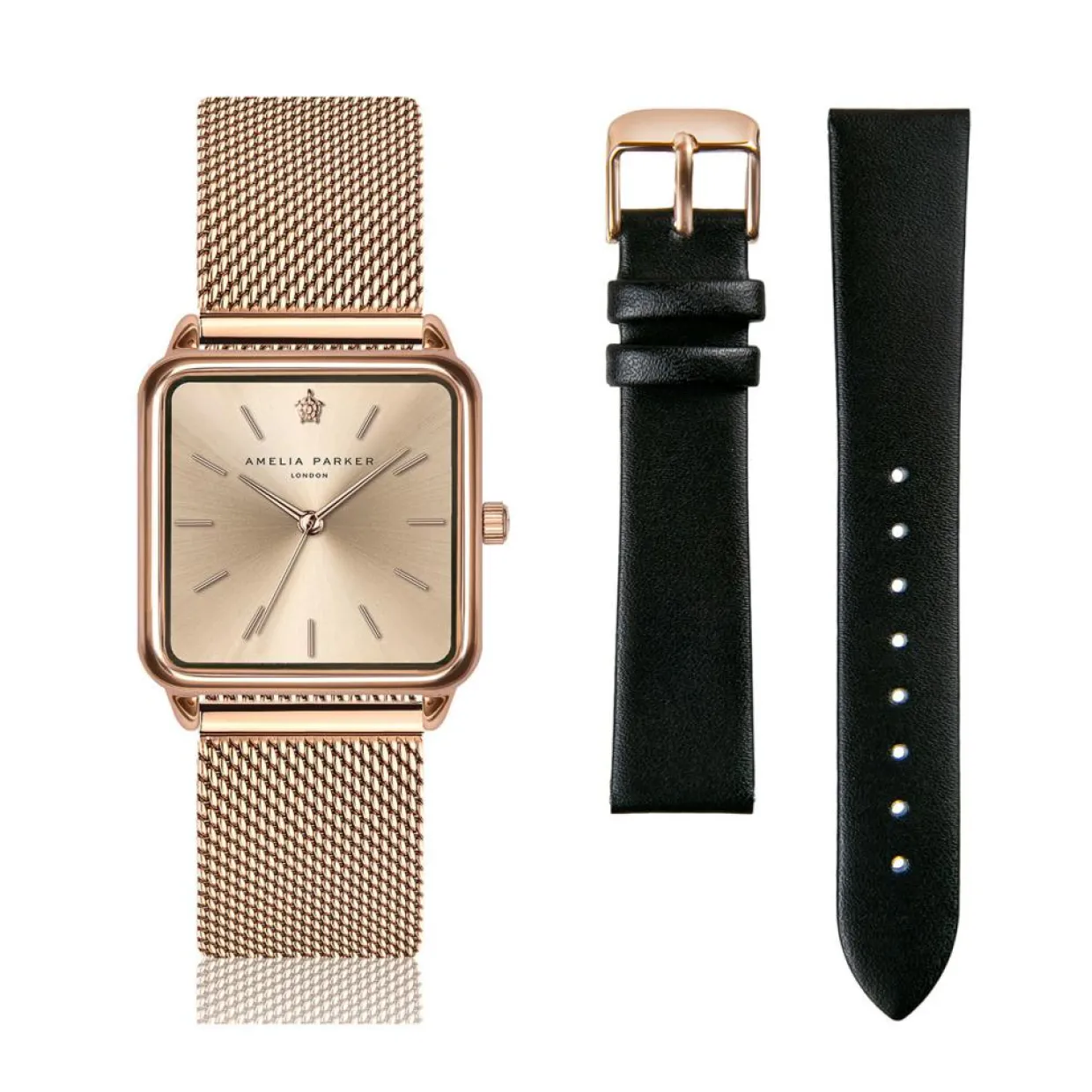 Femme Amelia Parker Montres^Set Montre Femme 2 Bracelets Gold Plaza en Acier & Cuir rose doré/noir