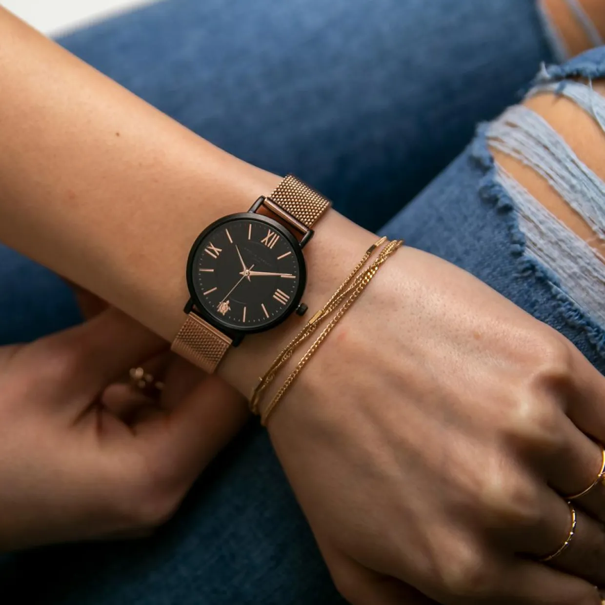 Femme Amelia Parker Montres^Set Montre Femme & Bracelet Petite Noir en Acier rose doré