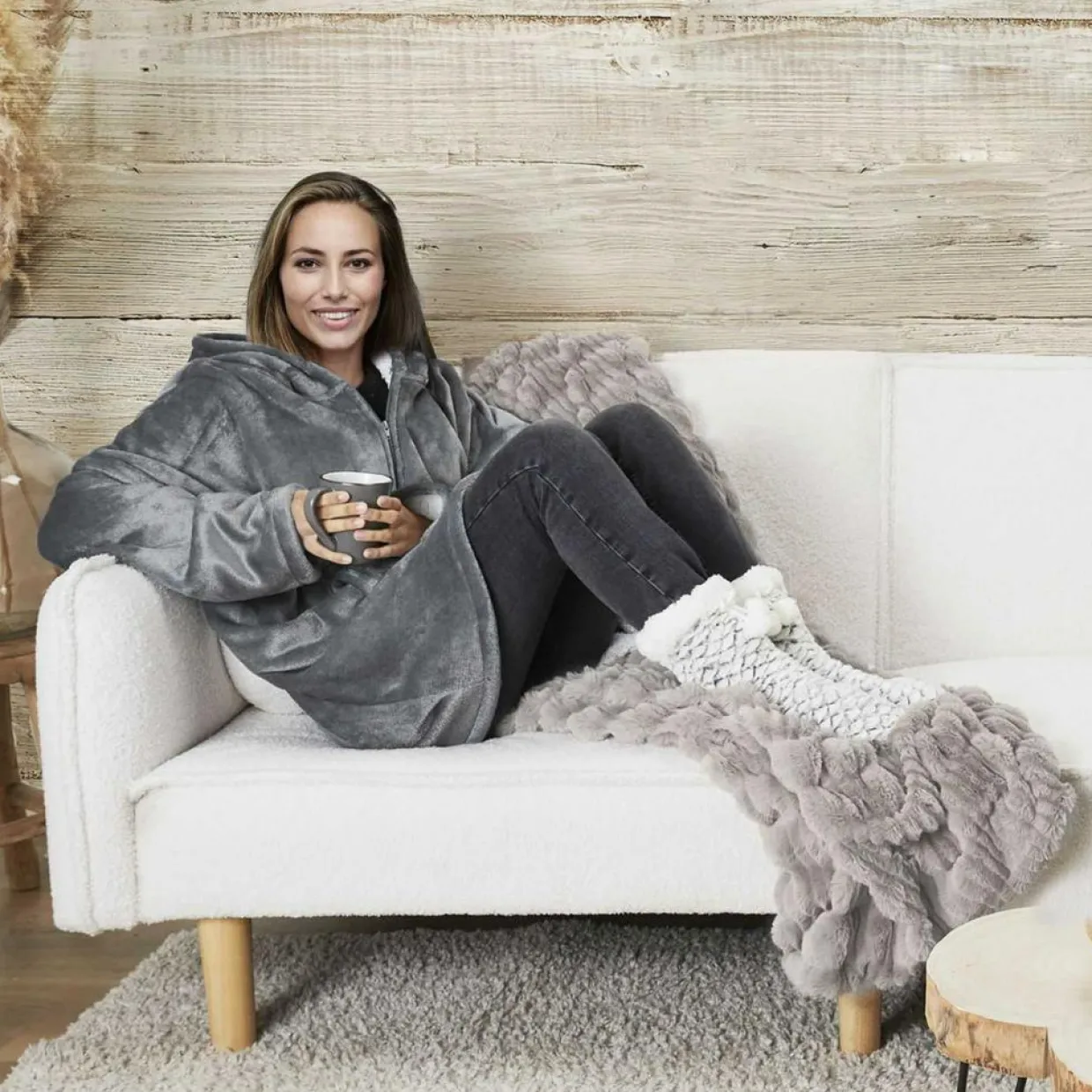 Home Deco Factory Plaids^Sweat plaid zippé à capuche intérieur Sherpa gris