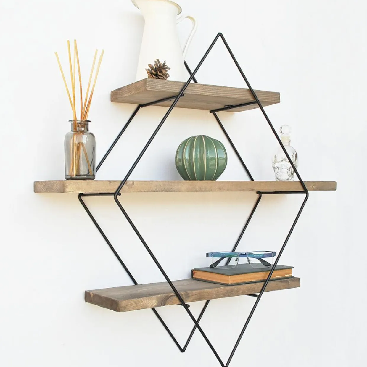 Étagère 3 étages losange noyer/noir - 62x42x15 cm-Wooden Art Outlet