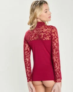 Top en micromodal dentelle manches longues rouge-Mare Discount