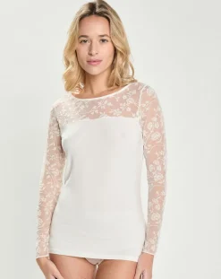 Top en micromodal dentelle manches longues naturel-Mare Outlet