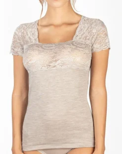 Top manches courtes en Laine mélangée dentelle beige-Mare Online