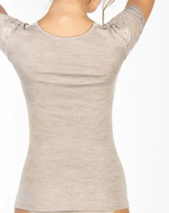 Top manches courtes en Laine mélangée dentelle beige-Mare Online