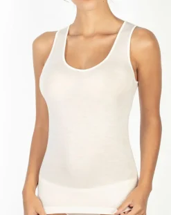 Top sans manches bord satin en Laine & Soie ivoire-Mare