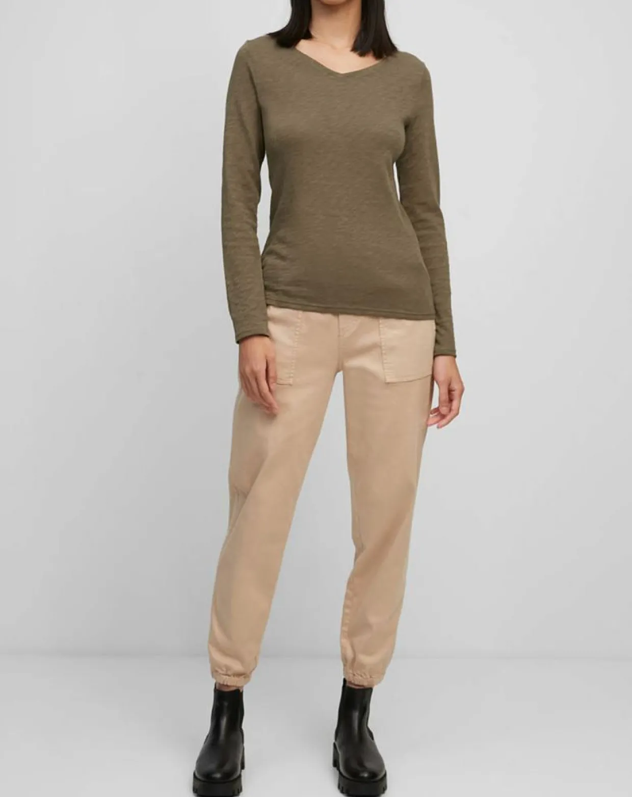 T-Shirt Col V en Coton flammé kaki-Marc O'Polo Hot