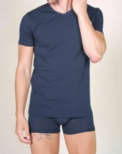 T-Shirt col V en Coton marine-Mare