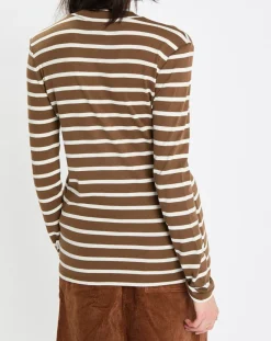 T-Shirt en Coton mélangé Turtle rayé écru/marron-Marc O'Polo Discount