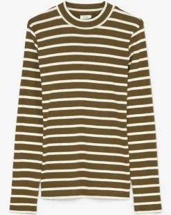 T-Shirt en Coton mélangé Turtle rayé écru/marron-Marc O'Polo Discount