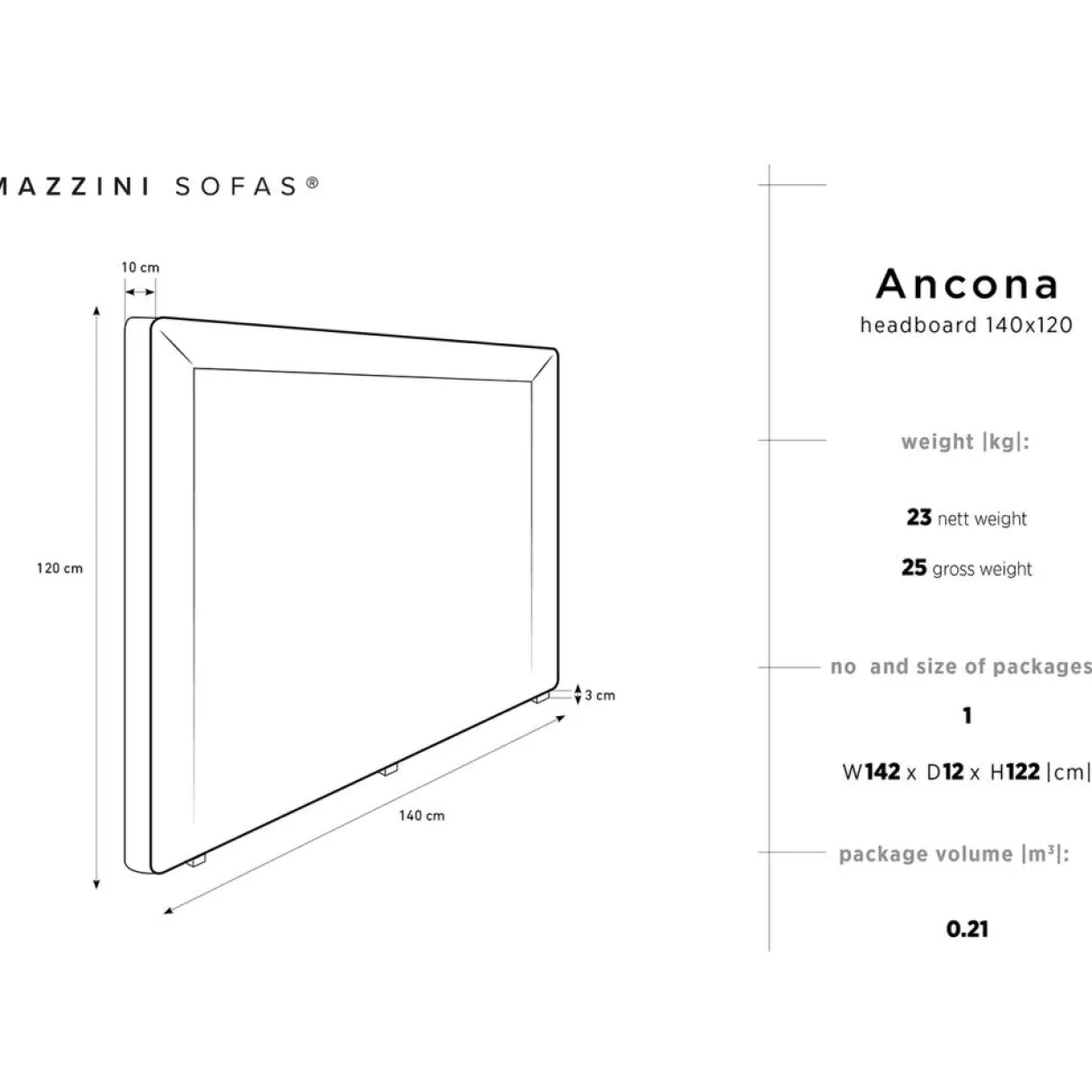 Mazzini Sofas Têtes De Lit^Tête de lit Ancona gris clair - 180x120 cm