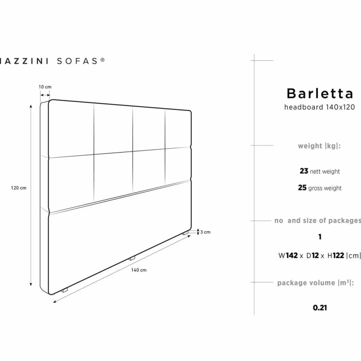 Tête de lit Barletta gris clair - 160x120 cm-Mazzini Sofas Sale