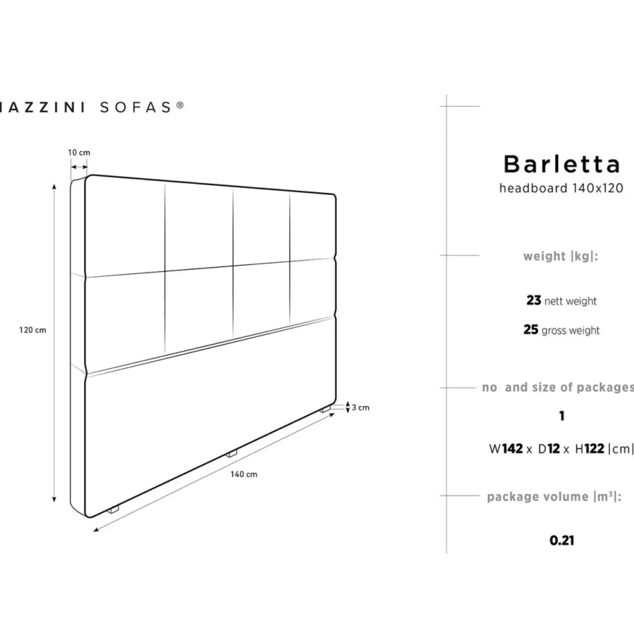 Mazzini Sofas Têtes De Lit^Tête de lit Barletta gris clair - 180x120 cm