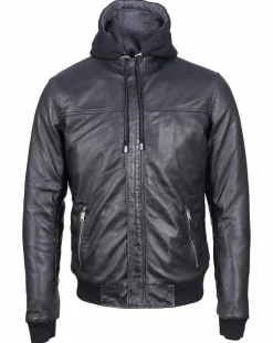 Veste à capuche en Cuir Briac noire-Blue Wellford Online