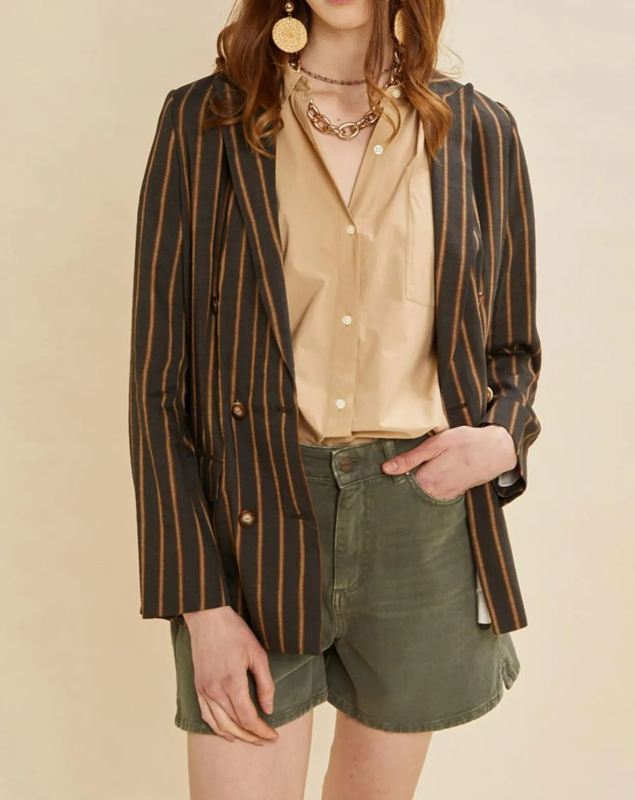 Veste blazer en Lin mélangé Valeria rayée kaki-Chloé Stora Outlet