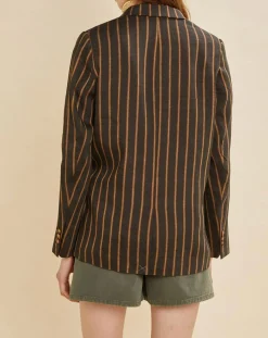 Veste blazer en Lin mélangé Valeria rayée kaki-Chloé Stora Outlet