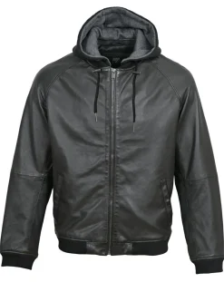 Homme Blue Wellford Vestes, Blousons^Veste en Cuir à capuche Bruz noire