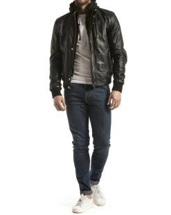 Veste en Cuir Brezon noire-Blue Wellford Sale