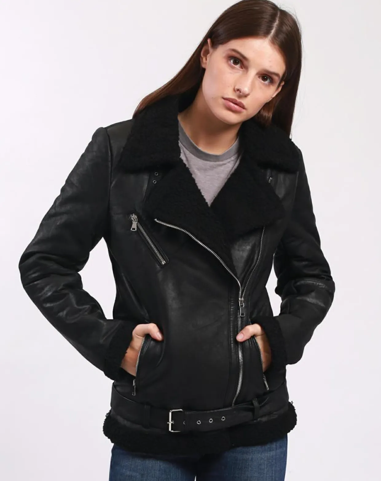 Veste en Cuir Calypso noire-Blue Wellford Best
