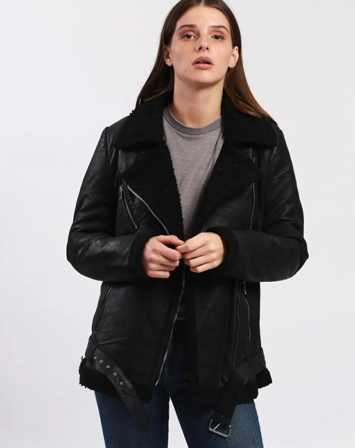 Veste en Cuir Calypso noire-Blue Wellford Best