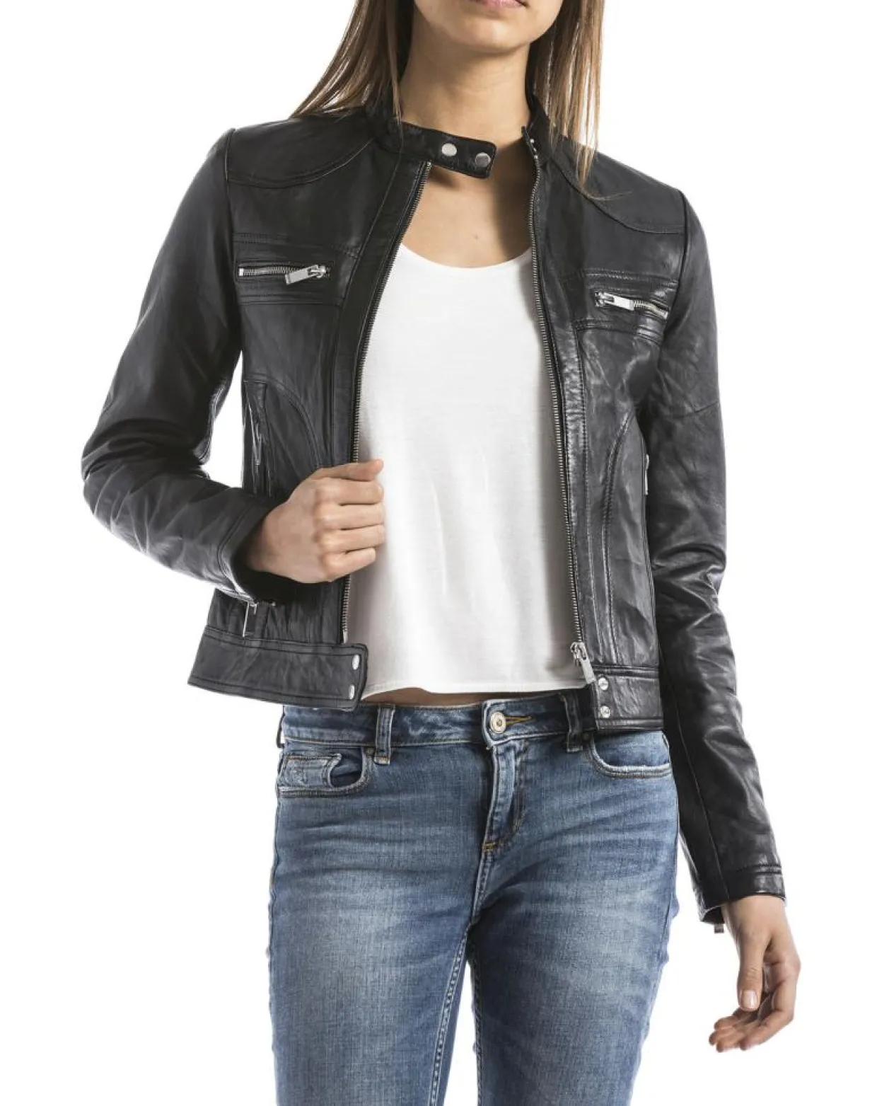 Veste en Cuir Madeira noire-Blue Wellford Hot