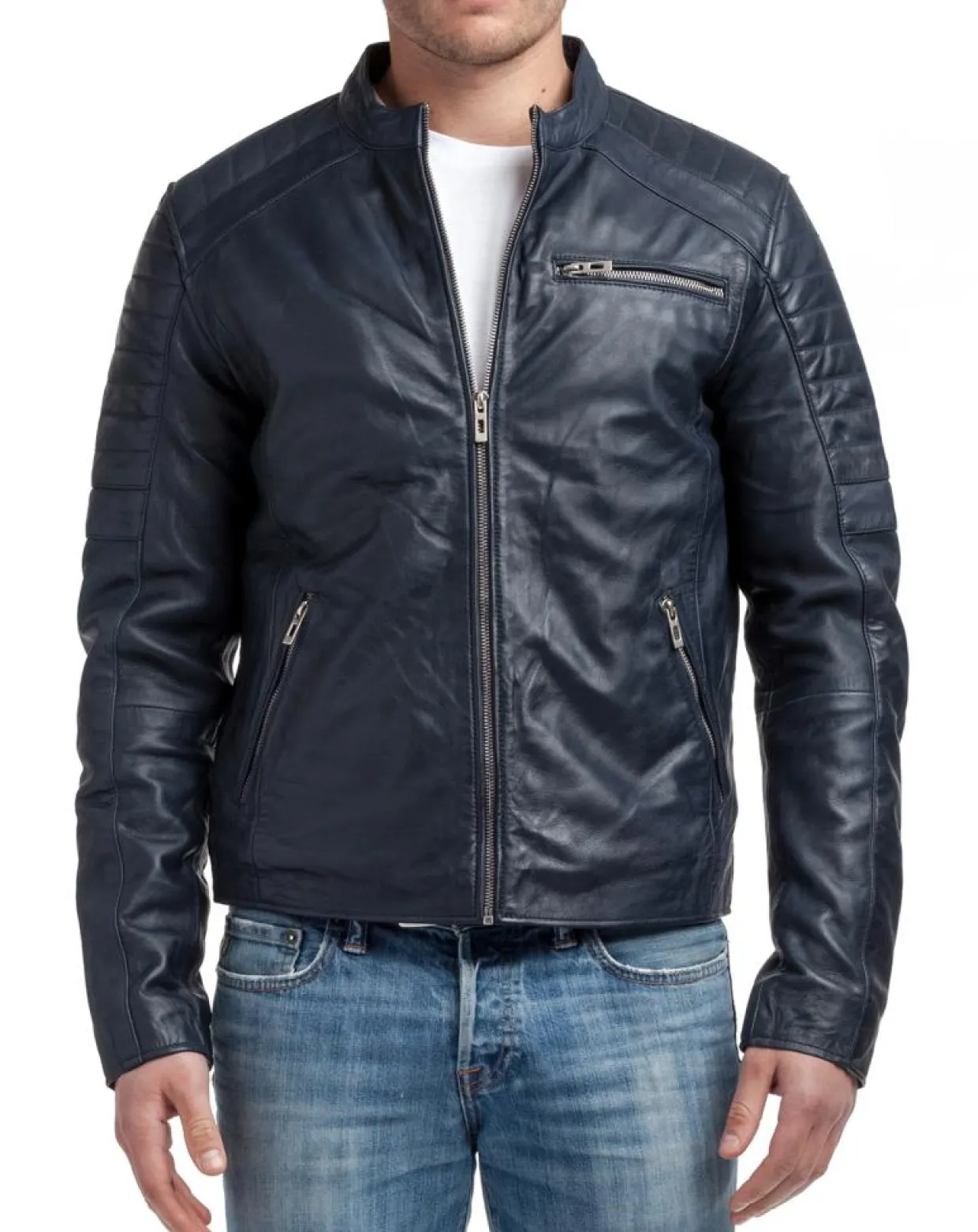 Homme Chyston Vestes, Blousons^Veste en Cuir Manuel bleu marine